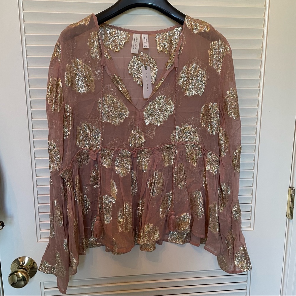 NWT Meadow Rue by Anthropologie pale pink sheer top with gold design pattern